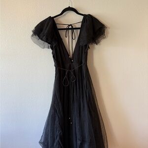 Chic Black Tulle Midi Dress with Tie-Back